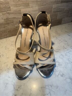 Chinese Laundry Beige and Silver Open-Toe Strappy Heels